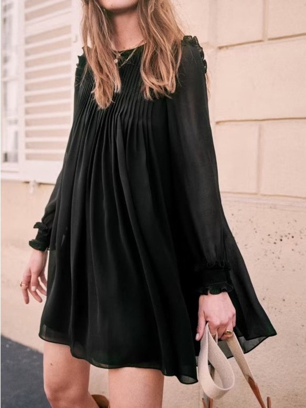 Sezane Women's Black Eve Mini Dress Size 44 US 12 Long Sleeve